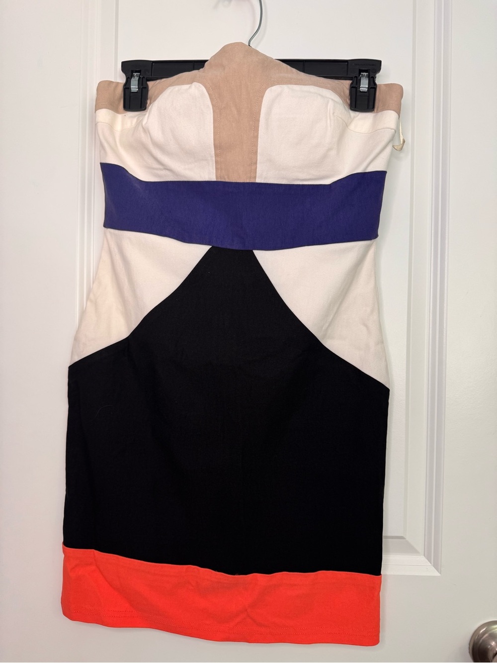 Impressions Strapless Colorblock Dress in Black, Ivory, Blue, Coral & Tan